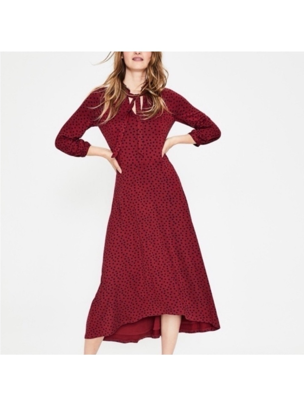 Boden Rosa Jersey Midi Swing Dress in Red Navy Polka Dot Size 8 Regular - Picture 1 of 5